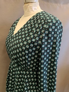 Womens, Dress, Long & 3/4 Sleeve, TED BAKER, Black, Forest Green, White, Polyester, Medallion Pattern, Squares, XL, Chiffon, V-Neck, A-Line, Hem Above Knee,  Invisible Zipper In Back, Multiples