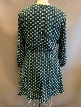 Womens, Dress, Long & 3/4 Sleeve, TED BAKER, Black, Forest Green, White, Polyester, Medallion Pattern, Squares, XL, Chiffon, V-Neck, A-Line, Hem Above Knee,  Invisible Zipper In Back, Multiples