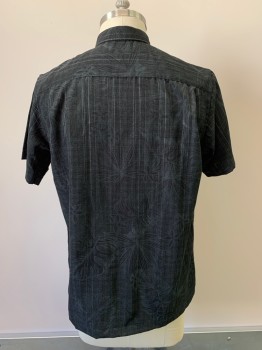 VAN HEUSEN, Charcoal Gray, Black, Polyester, Hawaiian Print, S/S, Button Front, Collar Attached, Chest Pocket