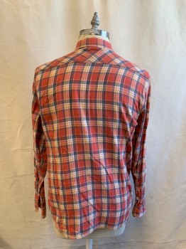 TRUE GRIT, Tomato Red, White, Red, Lt Orange, Blue, Cotton, Plaid, Flannel, Button Front, Collar Attached, 2 Flp Pockets, Long Sleeves, Button Cuff