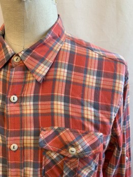 TRUE GRIT, Tomato Red, White, Red, Lt Orange, Blue, Cotton, Plaid, Flannel, Button Front, Collar Attached, 2 Flp Pockets, Long Sleeves, Button Cuff