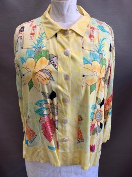 PARADISO, Yellow, Multi-color, Rayon, Tropical , L/S, Button Front, Pearl Shell Buttons, Side Vents