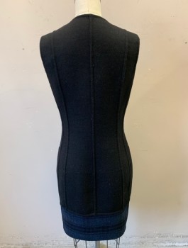 Womens, Dress, Sleeveless, AKRIS, Navy Blue, Black, Wool, Plaid, Solid, Sz.4, **Reversible** One Side is Navy/Black Plaid, Opposite is Solid Black, Round Neck, Center Front Zipper, 2 Hip Pockets, Vertical Shaping Seams Throughout, Hem Above Knee, High End **Barcode in Zip Pocket on Plaid Side