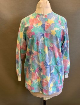 Unisex, Cardigan Unisex, NURSE MATE, Lt Blue, Pink, Mint Green, Blue, Yellow, Poly/Cotton, Abstract , Stars, M, Crew Neck, Snap Front, Drawstring Back Waist, Long Sleeves, White Elastic Cuffs, 2 Patch Pockets