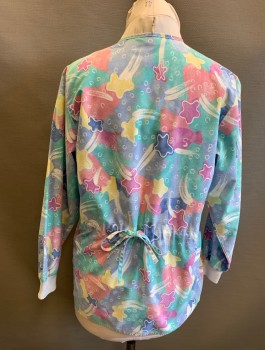Unisex, Cardigan Unisex, NURSE MATE, Lt Blue, Pink, Mint Green, Blue, Yellow, Poly/Cotton, Abstract , Stars, M, Crew Neck, Snap Front, Drawstring Back Waist, Long Sleeves, White Elastic Cuffs, 2 Patch Pockets