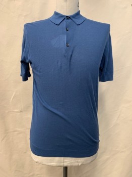 JOHN SMEDLEY, Blue, Cotton, Solid, S/S, Collar Attached, 3 Buttons