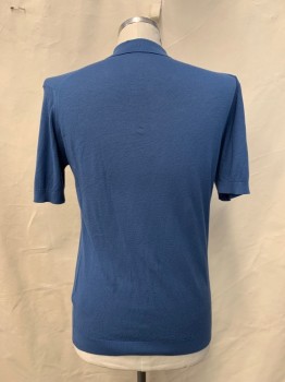 JOHN SMEDLEY, Blue, Cotton, Solid, S/S, Collar Attached, 3 Buttons