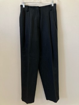 VALERIE STEVENS, Black, Gray, Wool, Pinstripe, Pleated, Zip Front, Belt Loops, 2 Pckts,