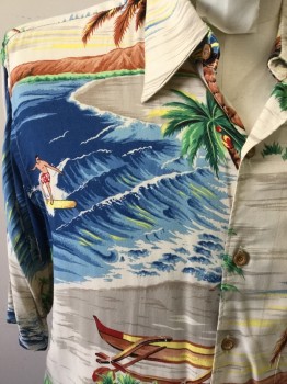 REYN SPOONER, Tan Brown, Blue, Yellow, Green, Rayon, Hawaiian Print, Surfers and Palm Trees, Button Front, Short Sleeves, Collar Attached, Darts