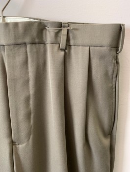 Mens, Slacks, BROOKS BROTHERS, Lt Brown, Wool, Solid, 34/35, Zip Front, Button Closure, Pleated Front, 4 Pockets, Cuffed, Creased
