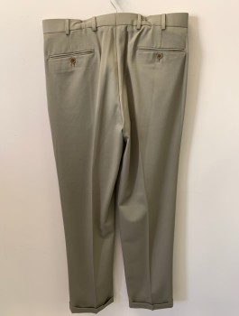 Mens, Slacks, BROOKS BROTHERS, Lt Brown, Wool, Solid, 34/35, Zip Front, Button Closure, Pleated Front, 4 Pockets, Cuffed, Creased