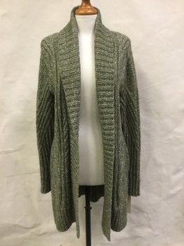 Womens, Sweater, BANANA REPUBLIC, Olive Green, Cream, Cashmere, Heathered, M, No Closures, Shawl Collar, Nice Textured Knit, 2 Pockets, Knee Length