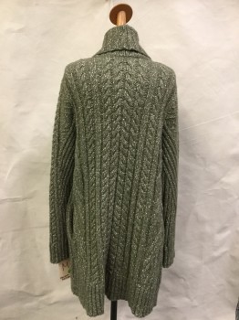 Womens, Sweater, BANANA REPUBLIC, Olive Green, Cream, Cashmere, Heathered, M, No Closures, Shawl Collar, Nice Textured Knit, 2 Pockets, Knee Length