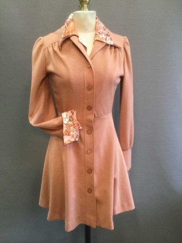 N/L, Coral Orange, White, Brown, Polyester, Solid, Floral, Button Front, Long Sleeves, Gathered At Extended Cuff, Collar Attached, Gathered At Yoke, Floral Dickie Attached with Collar Attached, Floral Inside Cuff