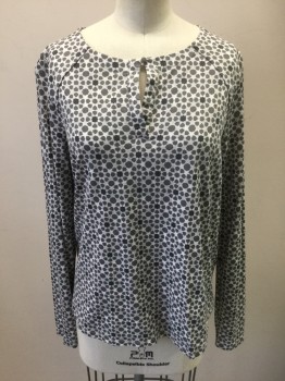 OLSEN, White, Lt Gray, Charcoal Gray, Synthetic, Geometric, Abstract , White with Charcoal and Light Gray Assorted Busy Shapes Pattern, Long Sleeves, Scoop Neck with 1 Button Closure at Center Front Notch