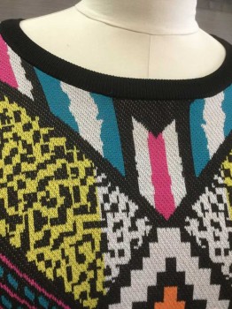 DIVIDED, Multi-color, Black, Yellow, White, Hot Pink, Viscose, Geometric, Abstract , Pullover Sweater Top - Knit, Wide Scoop Neck, Long Sleeves, Abstract Black/Hot Pink/White/Yellow/Teal Pattern
