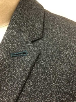 Mens, Suit, Jacket, TED BAKER, Charcoal Gray, Lt Gray, Polyester, Viscose, Speckled, 36S, Charcoal with Light Gray Specks, Single Breasted, Notched Lapel, 2 Buttons,  4 Pockets, Black Faille Trim on Pockets, Slim Fit, Graphic Lining with Black/White/Royal Blue Leaves, Giraffe, Parrot, Etc