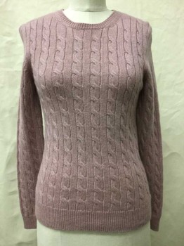 BROOKS BROTHERS, Mauve Pink, Cashmere, Solid, Crew Neck, Cable Knit