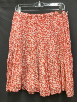 Womens, Skirt, Knee Length, ODILLE, Off White, Orange, Red, Cotton, Floral, W 30, Off White W/orange Cluster Floral W/red Outline Print, 1" Waistband, Gathered Released Pleats, Side Zipper, Sheer Cream Lining