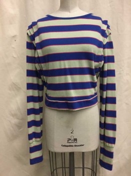 NL, Mint Green, Navy Blue, Hot Pink, Cotton, Synthetic, Stripes, Round Neck,  Pleated, Cropped, Long Sleeves,