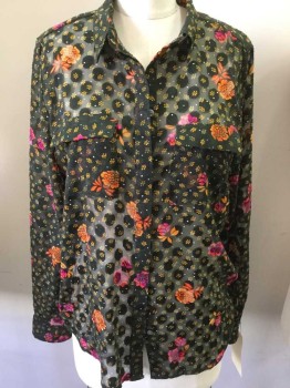 Womens, Blouse, THE LOFT, Moss Green, Orange, Fuchsia Pink, Purple, Polyester, Floral, M, Sheer, Lotus Floral, Button Front, Collar Attached, Long Sleeves, 2 Pockets,