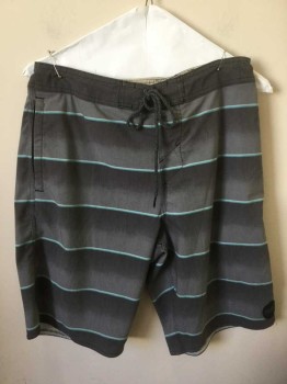 Mens, Swim Trunks, O'NEILL CRUZERS, Gray, Dk Gray, Aqua Blue, Polyester, Cotton, Stripes - Horizontal , Ombre, W:32, Board Shorts, Horizontal Stripes with Gray Ombre, Aqua, Blue and Light Gray Thin Horizontal Stripes, Gray Cord Lace Up Ties at Waist, 10" Inseam