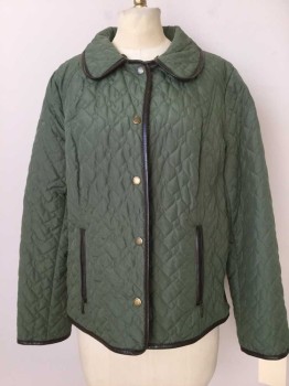 Womens, Casual Jacket, CHARTER CLUB, Olive Green, Brown, Nylon, Polyester, Solid, PM, Diamond Quilted, Snap Front, Collar Attached, Vinyl Edge Trim, 2 Welt Zip Pocket, Snap Cuffs