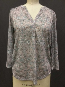 Womens, Top, H&M, Dusty Rose Pink, White, Black, Polyester, Floral, XS, Dusty Rose with White/black Floral Print, 3 Buttons,  V-neck, 3/4 Sleeves