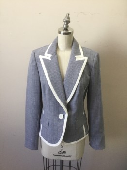 Womens, Blazer, EVAN PICONE, Blue, White, Polyester, Tweed, 4, 2 Front Pockets with Flaps, One Button Front, Blue Tweed with White Outline and Middle Front Sides
