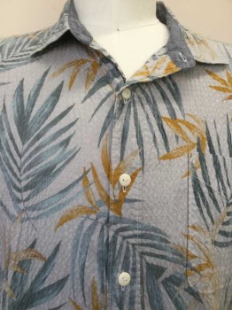 Mens, Casual Shirt, TOMMY BAHAMA, Gray, Teal Green, Amber Yellow, Cotton, Spandex, Floral, XL, Gray Texture with Teal Green, Amber Palm Leaves Print, Collar Attached, Button Front, 1 Pocket, Short Sleeves,