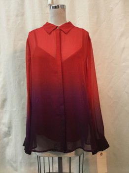LIZ CLAIBORNE, Red, Plum Purple, Synthetic, Ombre, Sheer Red/plum Ombre, Button Front, Collar Attached, Long Sleeves,