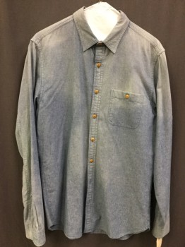Mens, Casual Shirt, JCREW, Blue, Cotton, Solid, M, Blue, Button Front, Collar Attached, Long Sleeves, 1 Pocket,