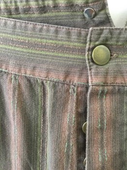 N/L, Brown, Rust Orange, Lime Green, Cotton, Stripes - Vertical , Stripes - Pin, Brown with Rust and Lime Vertical Stripes, Canvas, Button Fly, Gold Metal Suspender Buttons at Outside Waist, 4 Pockets (Including 1 Watch Pocket and 1 Welt Pocket in Back), Belted Back, Reproduction "Old West" Wear