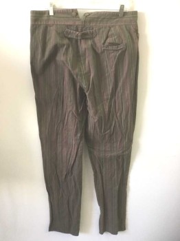 N/L, Brown, Rust Orange, Lime Green, Cotton, Stripes - Vertical , Stripes - Pin, Brown with Rust and Lime Vertical Stripes, Canvas, Button Fly, Gold Metal Suspender Buttons at Outside Waist, 4 Pockets (Including 1 Watch Pocket and 1 Welt Pocket in Back), Belted Back, Reproduction "Old West" Wear