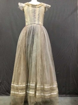 Womens, Historical Fiction Dress, MTO, Gray, Cream, Rust Orange, Lavender Purple, Gold, Silk, Polyester, Solid, B 34, M, W 26, Antiqued Gray Rust Sparkly Tulle With Faded, Dry Flower Applique. Pale Lave Ribbon Trimmed Ruffle Sleeve Caps.  Lace Up Boned Bodice.