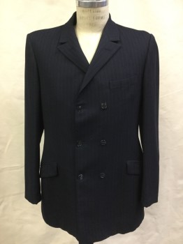 N/L, Navy Blue, Lt Blue, Wool, Stripes, Better Blazer, Double Breasted, 8 Buttons at Front, Notched Collar, 3 Pockets, Slit Center Back,