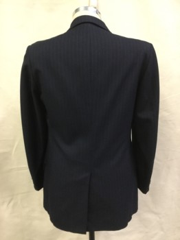 N/L, Navy Blue, Lt Blue, Wool, Stripes, Better Blazer, Double Breasted, 8 Buttons at Front, Notched Collar, 3 Pockets, Slit Center Back,