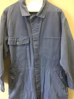 Mens, Coveralls Men, REGENT, Periwinkle Blue, Cotton, Solid, 42 R, Collar Attached, Button Front, Long Sleeves, Patch / Slit Pockets