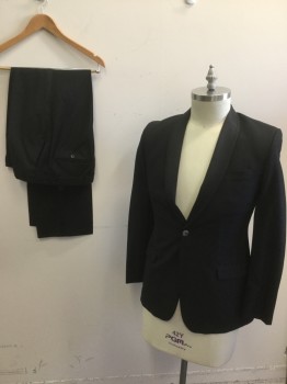 Mens, Suit, Jacket, PAUL SMITH, Black, Wool, Silk, Solid, 34/31, 40 R, Shawl Lapel with Embossed Circle Trim, One Button Front, Pocket Flaps,