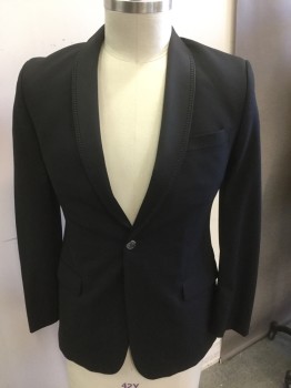 Mens, Suit, Jacket, PAUL SMITH, Black, Wool, Silk, Solid, 34/31, 40 R, Shawl Lapel with Embossed Circle Trim, One Button Front, Pocket Flaps,