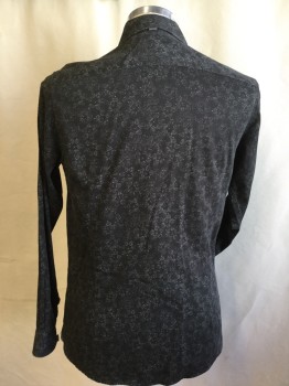 TED BAKER, Black, Gray, White, Cotton, Floral, Collar Attached, Button Front, Long Sleeves,