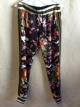 Womens, Pants, REASON, Black, Orange, Pink, Cream, Green, Polyester, Spandex, Asian Inspired Theme, Floral, S, 2.5"  Cream with Black/gold Elastic Stripes, and Black D-string Waist Band, Black with 2 Gold Vertical Side Stripes, 3 Pockets,  Cream with Black/gold Cuffs Hem