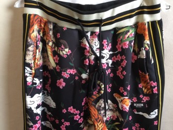 Womens, Pants, REASON, Black, Orange, Pink, Cream, Green, Polyester, Spandex, Asian Inspired Theme, Floral, S, 2.5"  Cream with Black/gold Elastic Stripes, and Black D-string Waist Band, Black with 2 Gold Vertical Side Stripes, 3 Pockets,  Cream with Black/gold Cuffs Hem