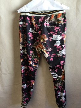 REASON, Black, Orange, Pink, Cream, Green, Polyester, Spandex, Asian Inspired Theme, Floral, 2.5"  Cream with Black/gold Elastic Stripes, and Black D-string Waist Band, Black with 2 Gold Vertical Side Stripes, 3 Pockets,  Cream with Black/gold Cuffs Hem