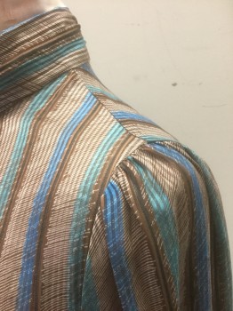 SOPHISTICATES, Brown, Blue, Turquoise Blue, White, Silk, Stripes - Vertical , Geometric, Chiffon, Long Sleeves, Stand Collar, Puffy Sleeves. 4 Button Closure at Center Back Neck,