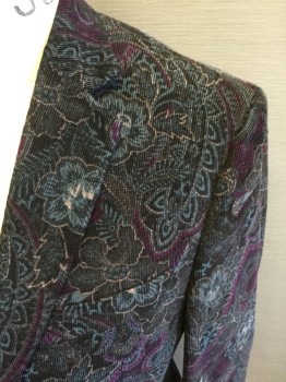 TALLIA, Dk Green, Purple, Turquoise Blue, Tan Brown, Teal Green, Cotton, Paisley/Swirls, Floral, Corduroy, Single Breasted, Collar Attached, Notched Lapel, 3 Pockets