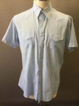 Mens, Western, WHITE HORSE, French Blue, White, Poly/Cotton, Stripes - Vertical , XL, Blue and White Stripes of Varying Widths, Short Sleeve, Snap Front, Collar Attached, 2 Flap Pockets with Snap Closures, Western Style Yoke and Styling, **Has a Double