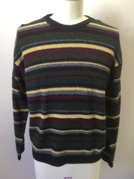 Mens, Pullover Sweater, J CREW, Navy Blue, Forest Green, Butter Yellow, Red Burgundy, Gray, Wool, Stripes - Horizontal , XL, Horizontal Stripes of Varying Widths, Knit, Long Sleeves, Crew Neck, 90's/00's