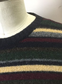 Mens, Pullover Sweater, J CREW, Navy Blue, Forest Green, Butter Yellow, Red Burgundy, Gray, Wool, Stripes - Horizontal , XL, Horizontal Stripes of Varying Widths, Knit, Long Sleeves, Crew Neck, 90's/00's