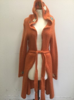 N/L, Orange, Multi-color, Mohair, Solid, Floral, Duster/Calf Length Cardigan, Orange with Multicolor Flowers Around Opening of Hood and Ends of Sleeves, Long Sleeves, Open at Center Front with No Closures, **Matching Self Knit Sash Belt